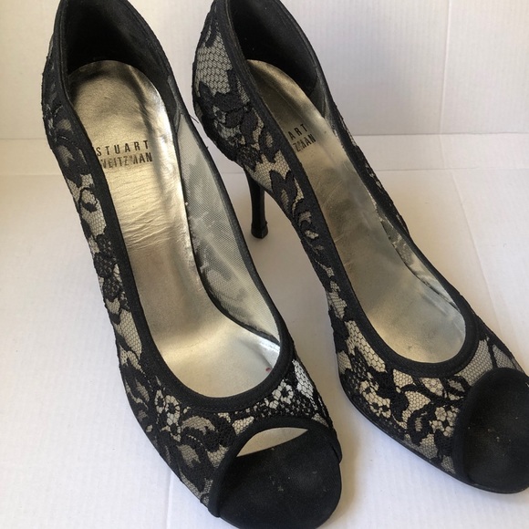 Stuart Weitzman Guipure Lace Heels Open Toe Black Size 39.5 Slip On - Picture 1 of 9